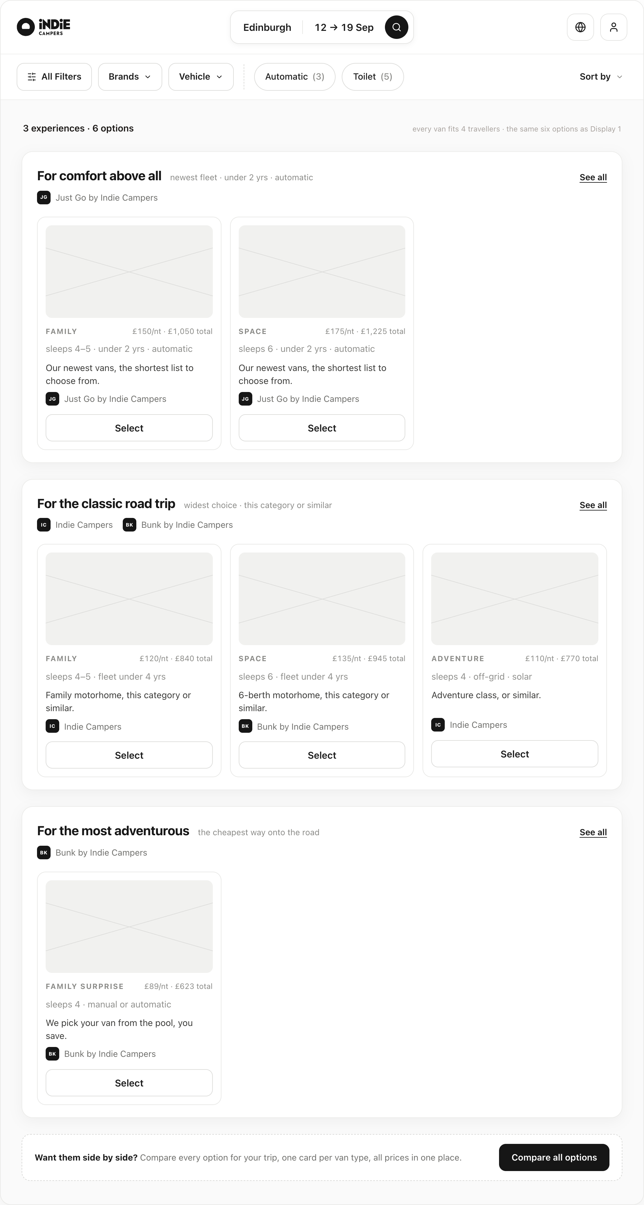 Display 2 brand-led results: one card per brand (Just Go, Indie Campers, Bunk) with image, rating and the products available for the search shown as from-prices; further detail and model choice happen on the brand's own offer page.